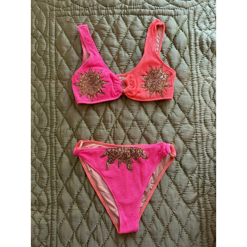 Judith march bathing suit swim bikini sequin sun pink orange neon sz L party